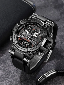 Macro shot of STRYVE dual display sports watch with 50M water resistance and black rubber strap