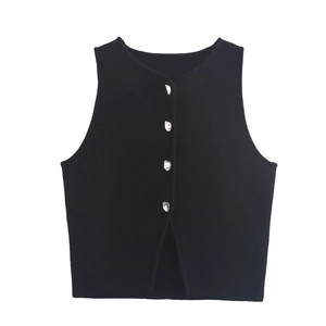 Vue détaillée du gilet sans manches noir avec col rond et boutons métalliques argentés
