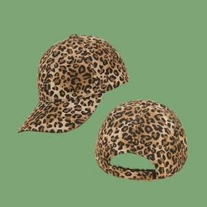 Fashionable leopard print baseball cap with adjustable strap, front and back views