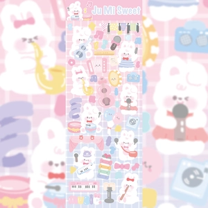 Detail view of cute cartoon rabbit stickers playing musical instruments with laser finish