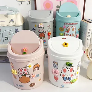 Mini cute desktop trash bin set with push-lid and DIY cartoon stickers for office desk