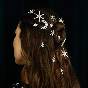 Elegant silver star and moon hairpins with sparkling rhinestones for women's hairstyles