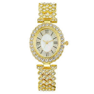 Elegant gold-tone women's watch with rhinestone-encrusted oval case and metal link strap
