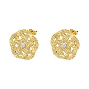 Boucles d'oreilles fleurs en acier doré avec perle blanche centrale pour femmes