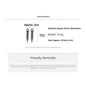 Detail specifications of tassel earrings with dimensions 10.5cm and weight 15.3g