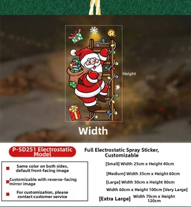 Size chart for Christmas static window stickers showing various dimensions from 25cm to 70cm width
