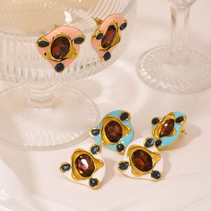 Elegant petal-shaped stainless steel earrings in pink, blue, and white floral designs