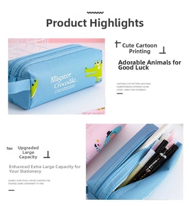 Detail of dual-layer sky blue canvas pencil case with cute crocodile print and large capacity
