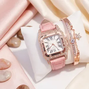 Women Square Dial Quartz Watch And Star Bracelet Rhinestone Inlaid Faux Leather Strap Roman Numerals Elegant Fashion