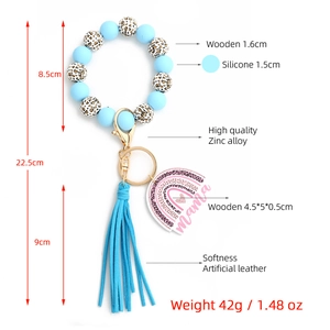 Detailed dimension guide for sky blue leopard beaded keychain bracelet with MAMA tag