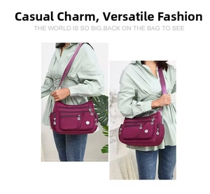 Borsa a tracolla leggera in nylon viola con tasche multiple a cerniera funzionali