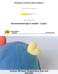 Blue knit baby hat with heart decor showing 46-52cm circumference for 6m-5y olds