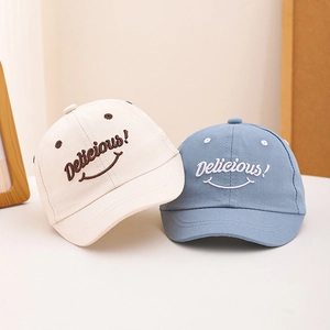 Kids smile face embroidery cotton baseball cap in cream and blue colors