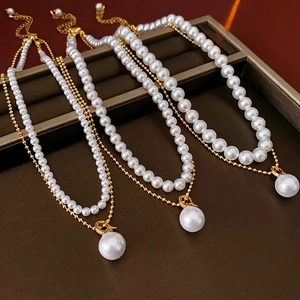 Double Layered Imitation Artificial Pearl Necklace Gold Plated Copper Round Pendant Jewelry For Women Elegant French Retro Style