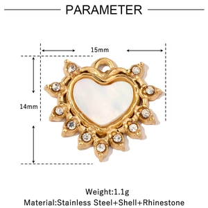 Dettagli del ciondolo a cuore 15mm per 14mm con inserto in conchiglia e strass lucidi