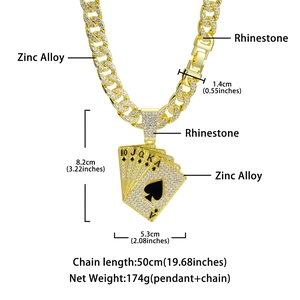 Iced out gold Cuban chain with rhinestone playing card pendant hip hop necklace