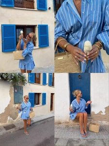Relaxed two-piece blue and white striped shirt and shorts set for casual resort wear
