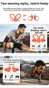 Dual-wear orange silicone ear hooks and ear fins for sports wireless earbuds in use