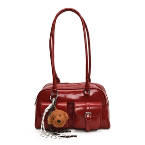 Retro red glossy pillow handbag with double handles and cute teddy bear charm