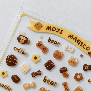 3D cartoon coffee bear nail stickers for kids featuring warm cream and brown patterns