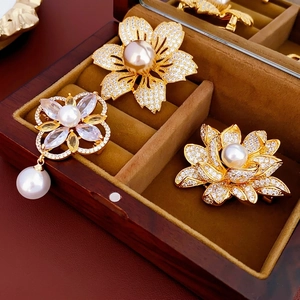 Floral Lotus Flower Brooches Gold Plated Copper Zircon Artificial Pearl Pin Elegant Luxury Jewelry Accessory For Women