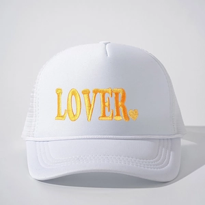 White trucker hat with yellow LOVER embroidery and breathable mesh back for casual wear