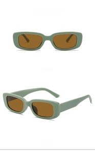 Detailed views of vintage kids' square sunglasses with green frames and brown lenses