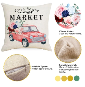 Detail of linen pillowcase with retro car floral print and invisible zipper feature