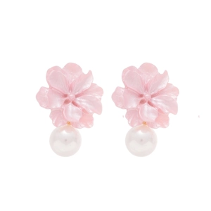 Elegant pink resin flower earrings with white pearl pendants on a clean white background