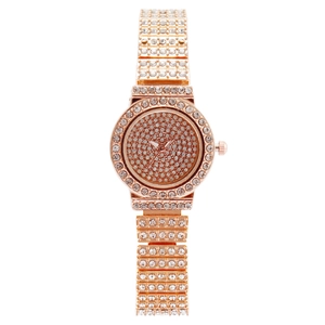 Elegant rose gold women's quartz watch featuring a full diamond crystal iced out design