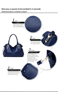 Detail view showing blue PU leather texture and gold hardware of the handbag