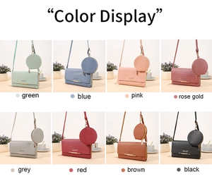 Crossbody wallet bag showing eight different colors with matching round coin purses
