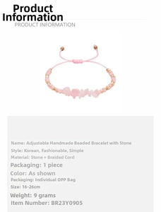 Details des handgewebten rosa Steinchip-Armbands mit verstellbaren Größen- und Materialinfos