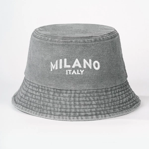 Washed dark grey denim bucket hat featuring white 3D Milano Italy embroidery