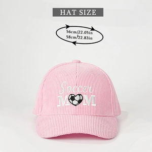 Detail of pink corduroy cap with Soccer Mom heart embroidery and head size guide