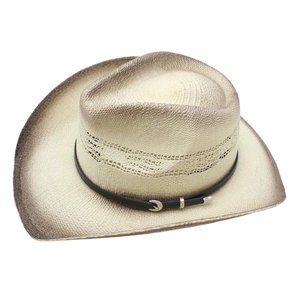 Detail of woven straw cowboy hat featuring ombre brim and breathable hollow crown pattern