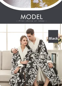 Detail of thickened flannel robe with plush white shawl collar and navy floral pattern