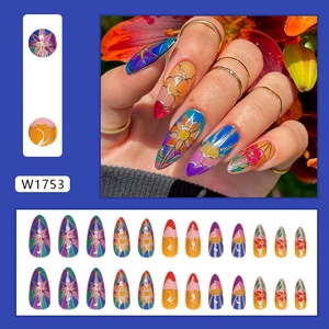 Gothic stained glass style long almond press-on nails with sun and floral art patterns