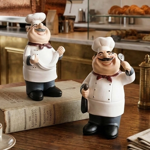 Creative resin chef figurines for kitchen decor with white hat and red bow tie