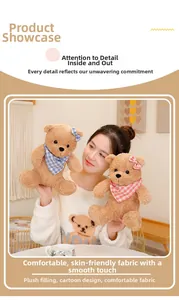 Detail of plush teddy bear soft fabric texture and checkered scarf with high-quality stitching