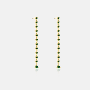 Detail of long tassel earrings featuring golden chain links and green round zircon gems