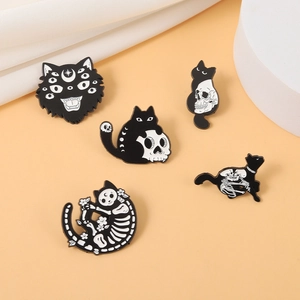Gothic Black Cat Skull Enamel Pin Dark Skeleton Ghost Moon Brooch For Halloween Clothes Bag Backpack Punk Jewelry Gift