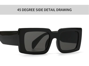Detailed 45 degree side view of the thick black square frame sunglasses with high gloss finish
