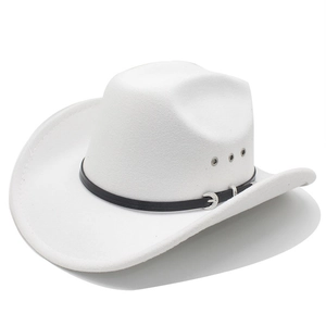 Classic white cowboy hat with black leather band and silver buckle on white background