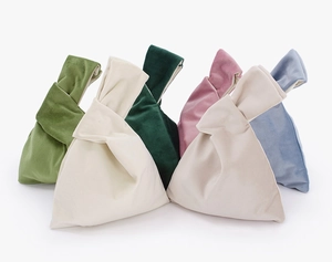 Detailed collection of velvet wrist bags in green, beige, pink, apricot and light blue
