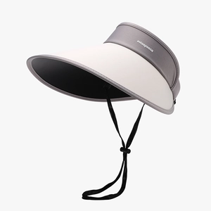 Women's wide brim UV protection sun hat in grey and beige with adjustable chin strap