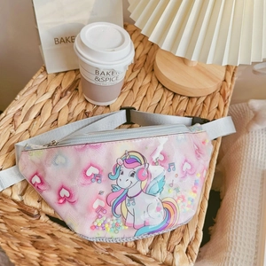 Detailed shot of pink sequin unicorn waist bag featuring colorful beads and adjustable strap
