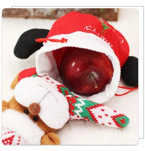 Close-up of a knitted reindeer Christmas gift bag holding a fresh red apple