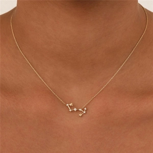Detail of S925 sterling silver zodiac constellation necklace with small zircons on a neck