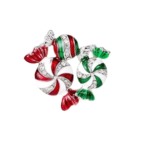Christmas enamel brooch featuring two festive red and green candy canes with rhinestones
